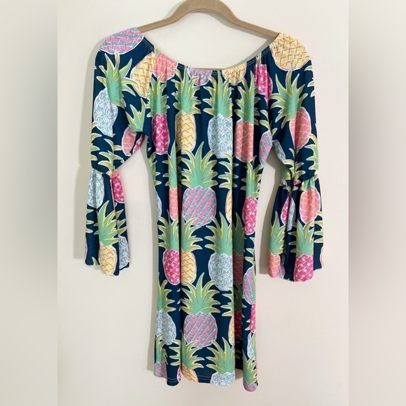 SIMPLY SOUTHERN Preppy Tropical Bell Sleeve Colorful Pineapple Mini Dress Size S - Picture 3 of 13